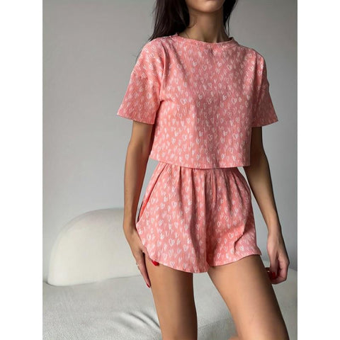 GABER SOTRE Comfy Short Sleeve Casual Stripe Print Lounge Set, round Neck Crop Top & Side Split Shorts, Women'S Loungewear for Fall/Winter