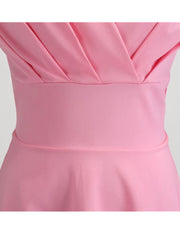 Elegant Vintage Pink Midi Dress for Women - V Neck Retro Party & Office Wear