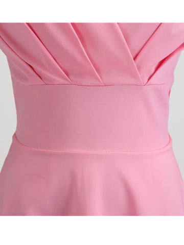 Elegant Vintage Pink Midi Dress for Women - V Neck Retro Party & Office Wear