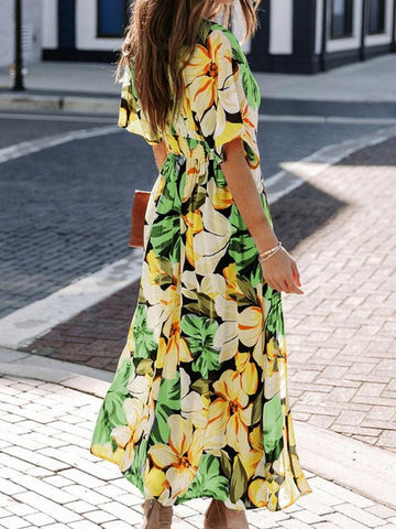 Elegant Women's Floral Print Deep V Neck Dress - Perfect for Summer Beach Vacations!